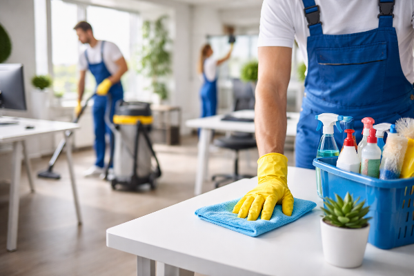 Unterhaltsreinigung in modernem Büro in Bern – Reinigungskraft reinigt Schreibtisch während Team Fenster und Böden pflegt.