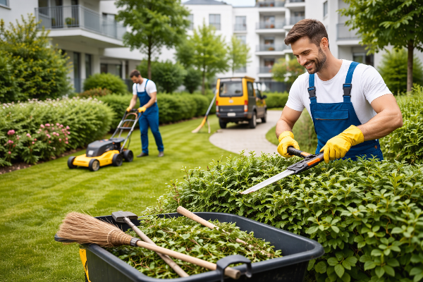 Umgebungspflege in Bern und Berner Oberland – Fachkräfte schneiden Hecken und mähen Rasen bei moderner Wohnanlage.